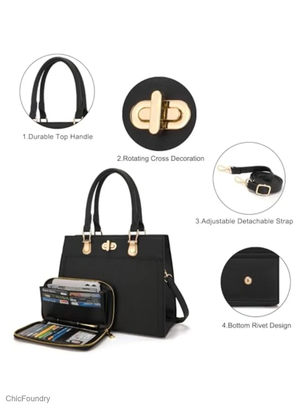 Vegan Leather Satchel Handbag & Wallet Set with Adjustable Strap